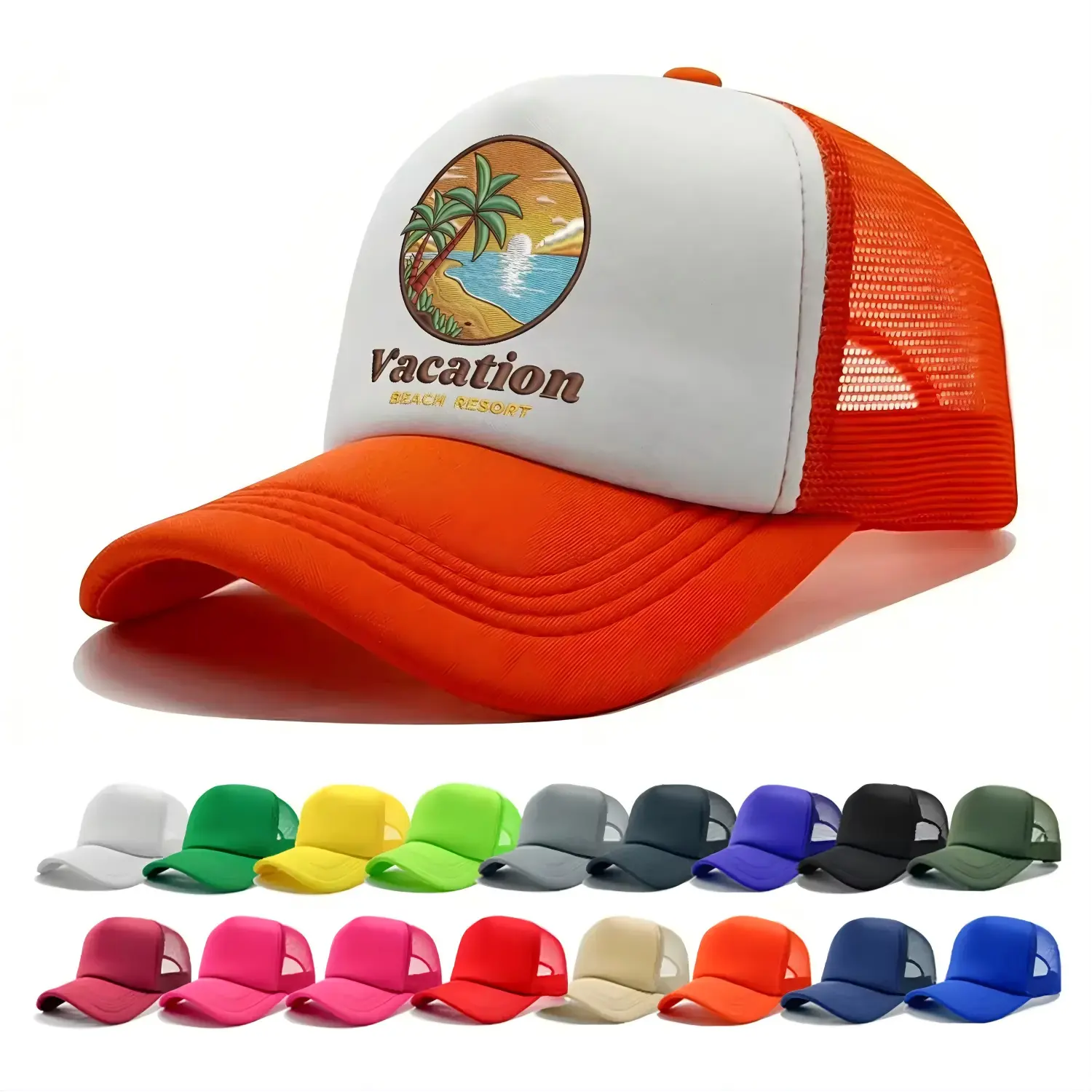 Five-panel fabric-front trucker hat with orange mesh and decorated white front