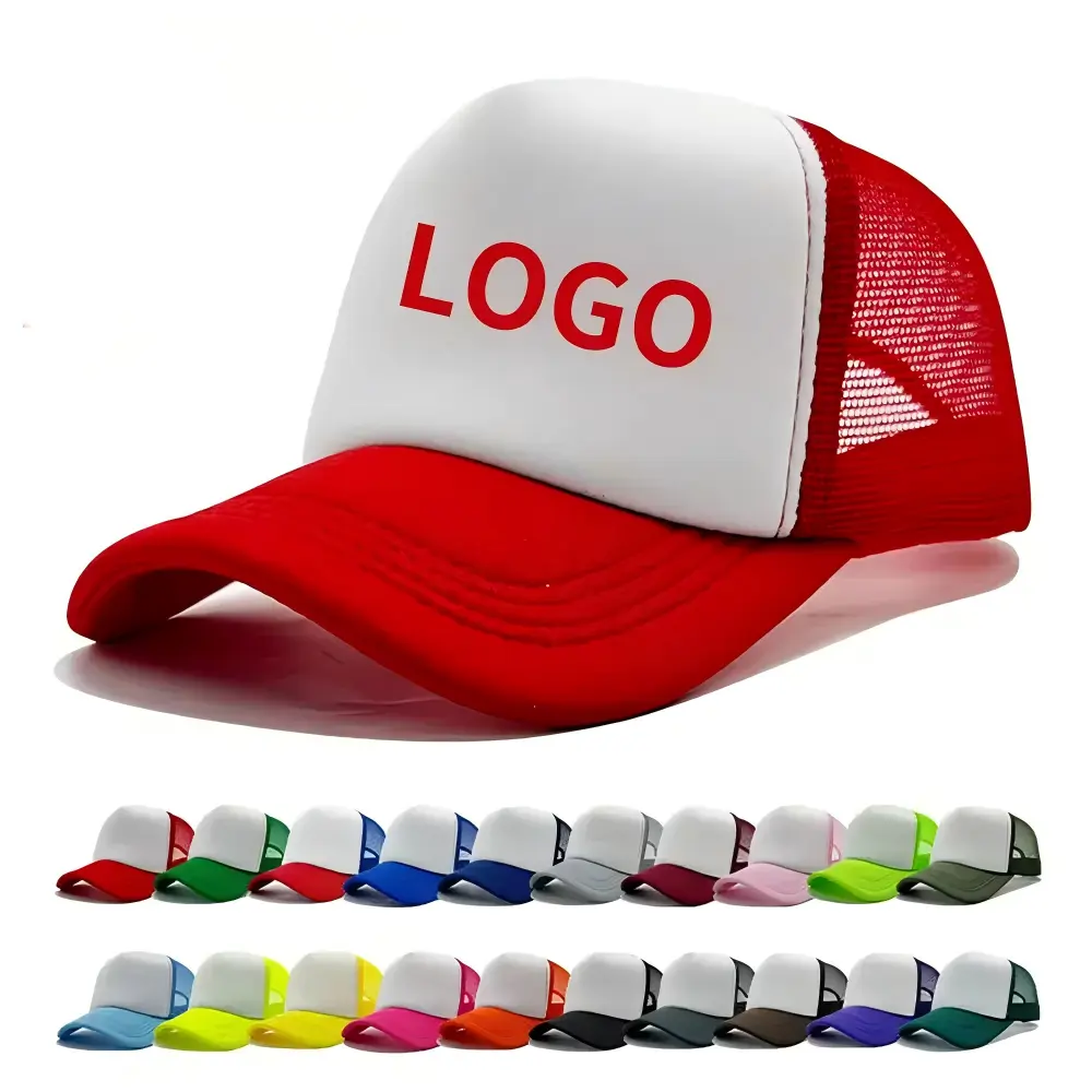 Five-panel foam-front trucker hat with red mesh and contrasting colorways