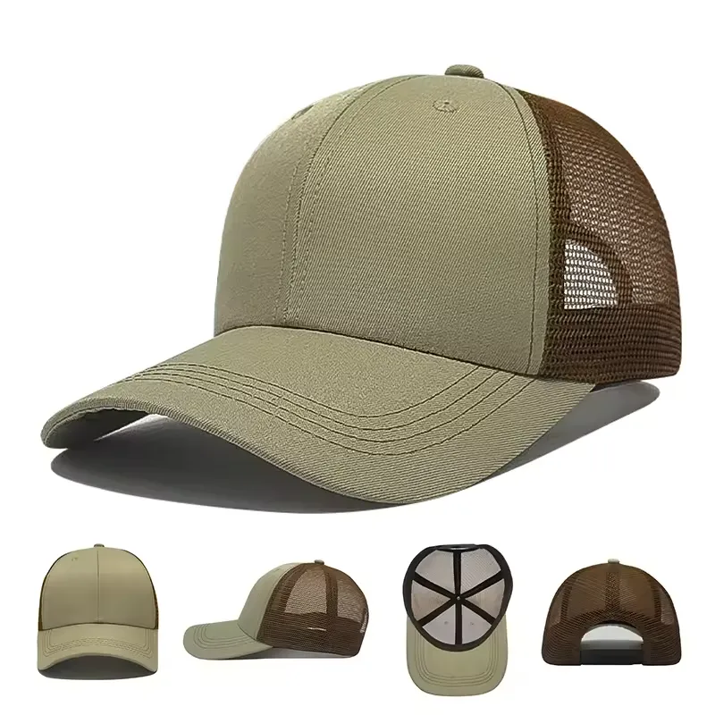 Olive six-panel fabric-front trucker hat showing front, side, interior and snapback views